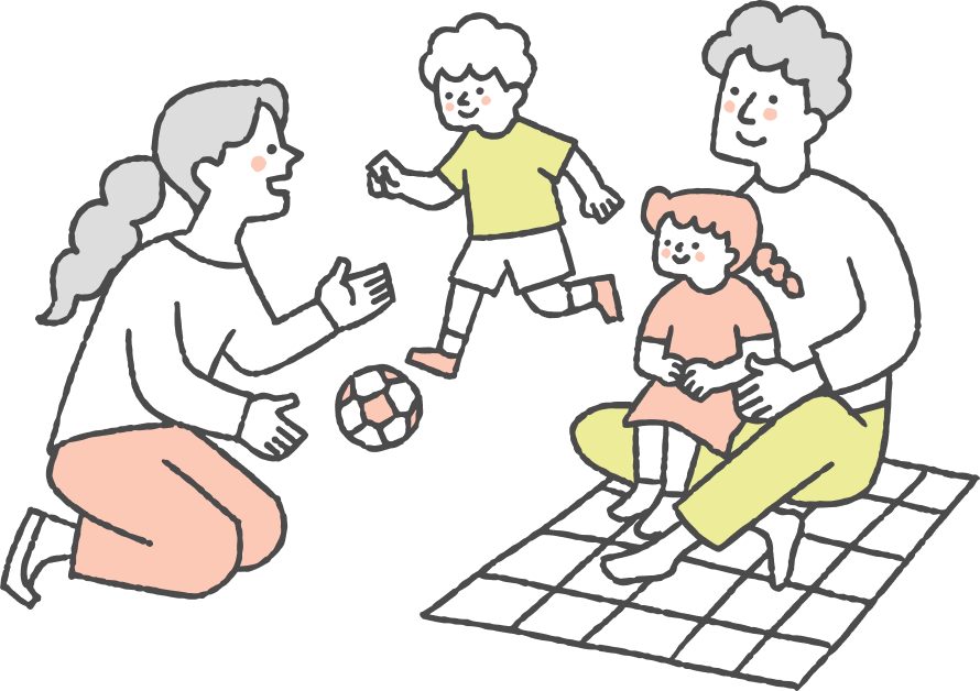 由布市の子育て支援サイト「ゆふはぐ」｜公園でサッカーやピクニックを楽しむ家族4人のイラスト